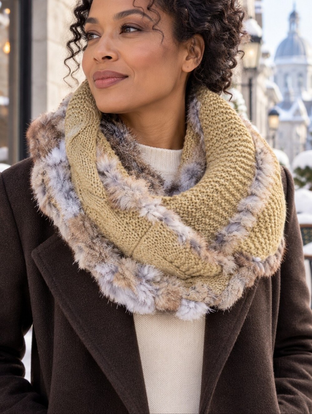 Oli Montreal Rex Rabbit Fur Trim Cable Knit Infinity Scarf 37002 Tan Gray